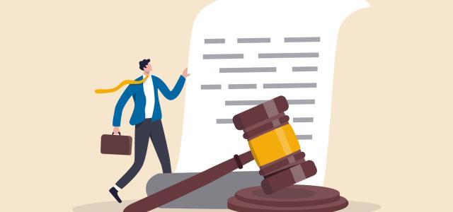 Digital art of a lawyer standing next to a large document and gavel.